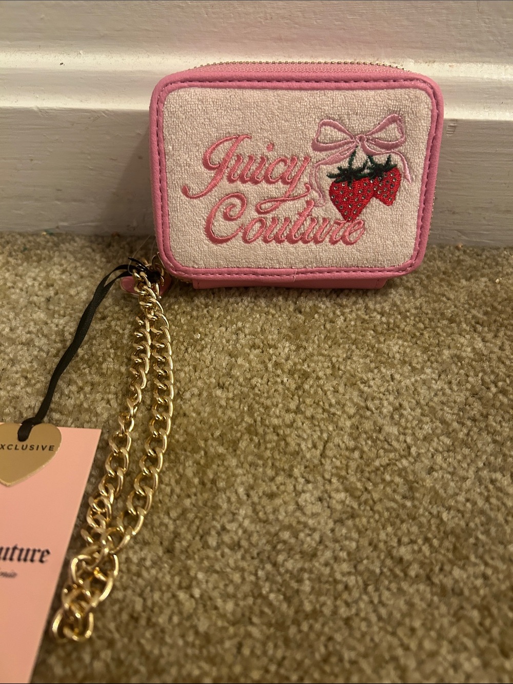 Juicy Couture Pink and White Strawberry Zip Card Case with Gold Chain